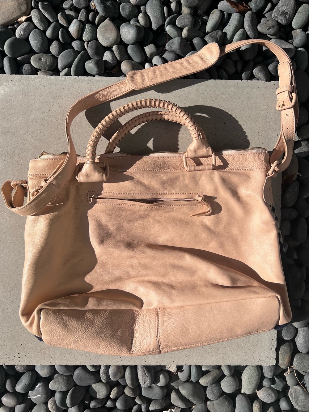 Cleobella Women’s Beige leather and Navy Embroidered Tote Bag - Picture 2 of 4